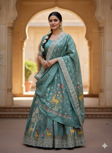🦌 Artistry & Elegance: The Teal Pichwai-Inspired Embroidered Lehenga