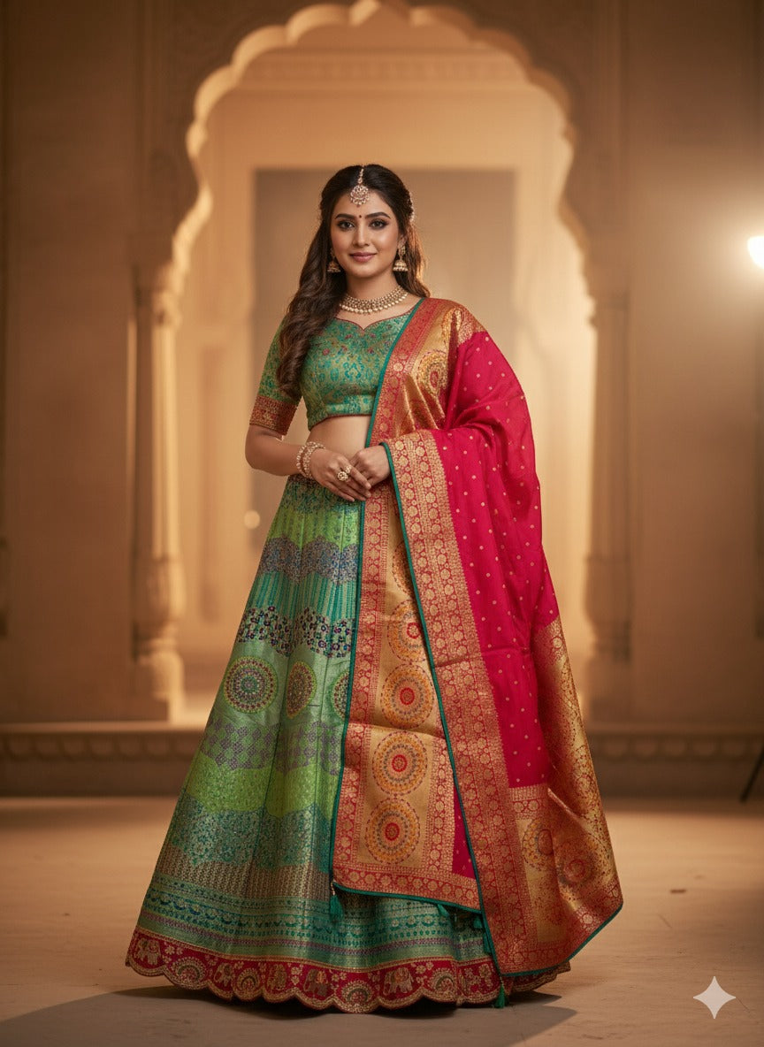 🌈 Jewel Tone Radiance: The Multi-Color Banarasi Silk Lehenga Set