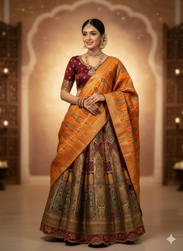 👑 Timeless Tradition: The Burgundy & Gold Heritage Brocade Lehenga Set