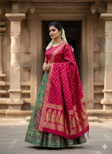💖 Regal Contrast: The Rani Pink & Emerald Green Brocade Lehenga Set