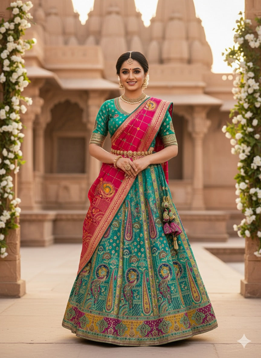 Peacock Paradise: The Teal & Rani Pink Brocade Lehenga Set