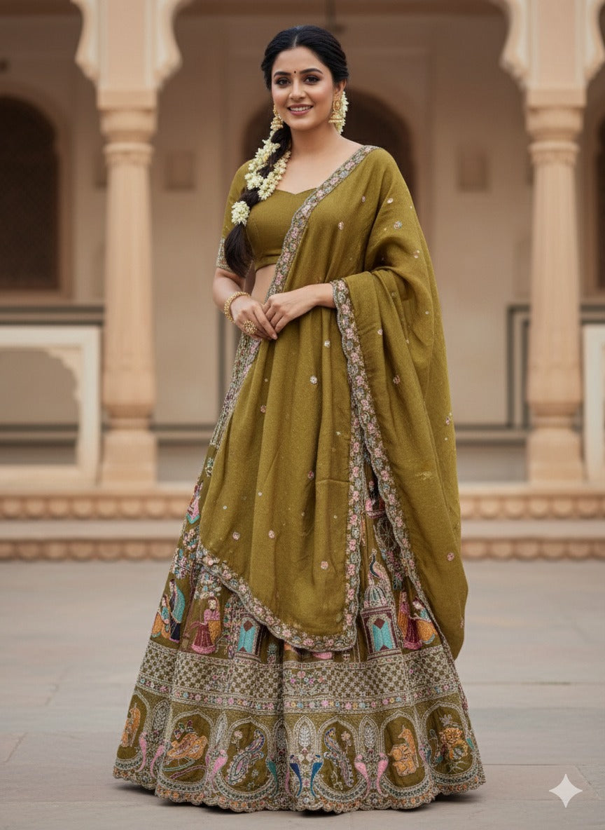 🌿 Earthy Grandeur: The Olive Green Narrative Embroidered Lehenga Set