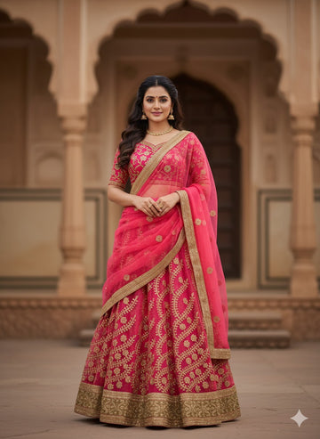 💖 Radiant Rani: The Fuchsia Pink & Gold Embroidered Lehenga Set