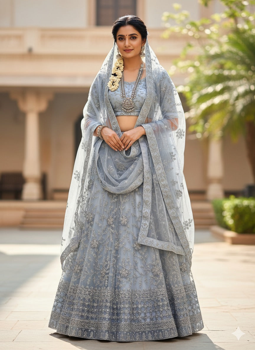 ❄️ Icy Elegance: The Silver Embroidered Dusty Blue Lehenga Set