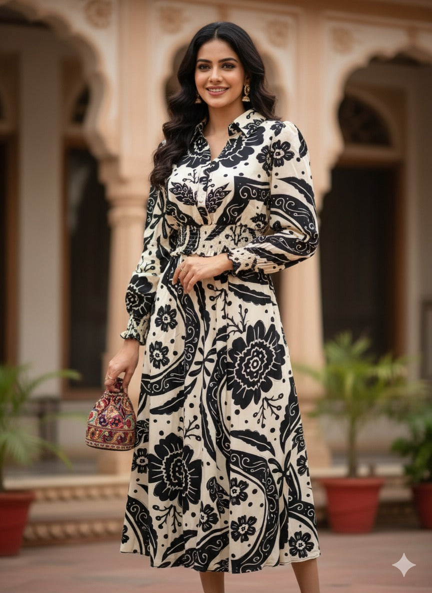 🖤 Monochrome Muse: The Black & White Floral Printed Midi Dress